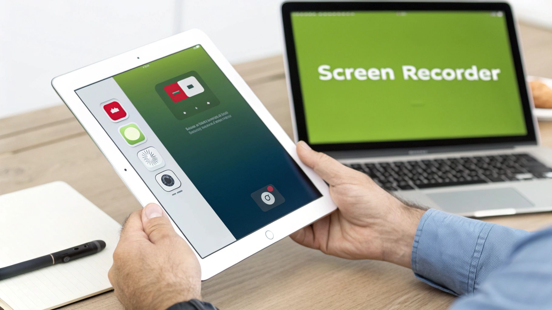 A person holds an iPad displaying a screen recorder app, with a laptop showing 'Screen Recorder' in the background.