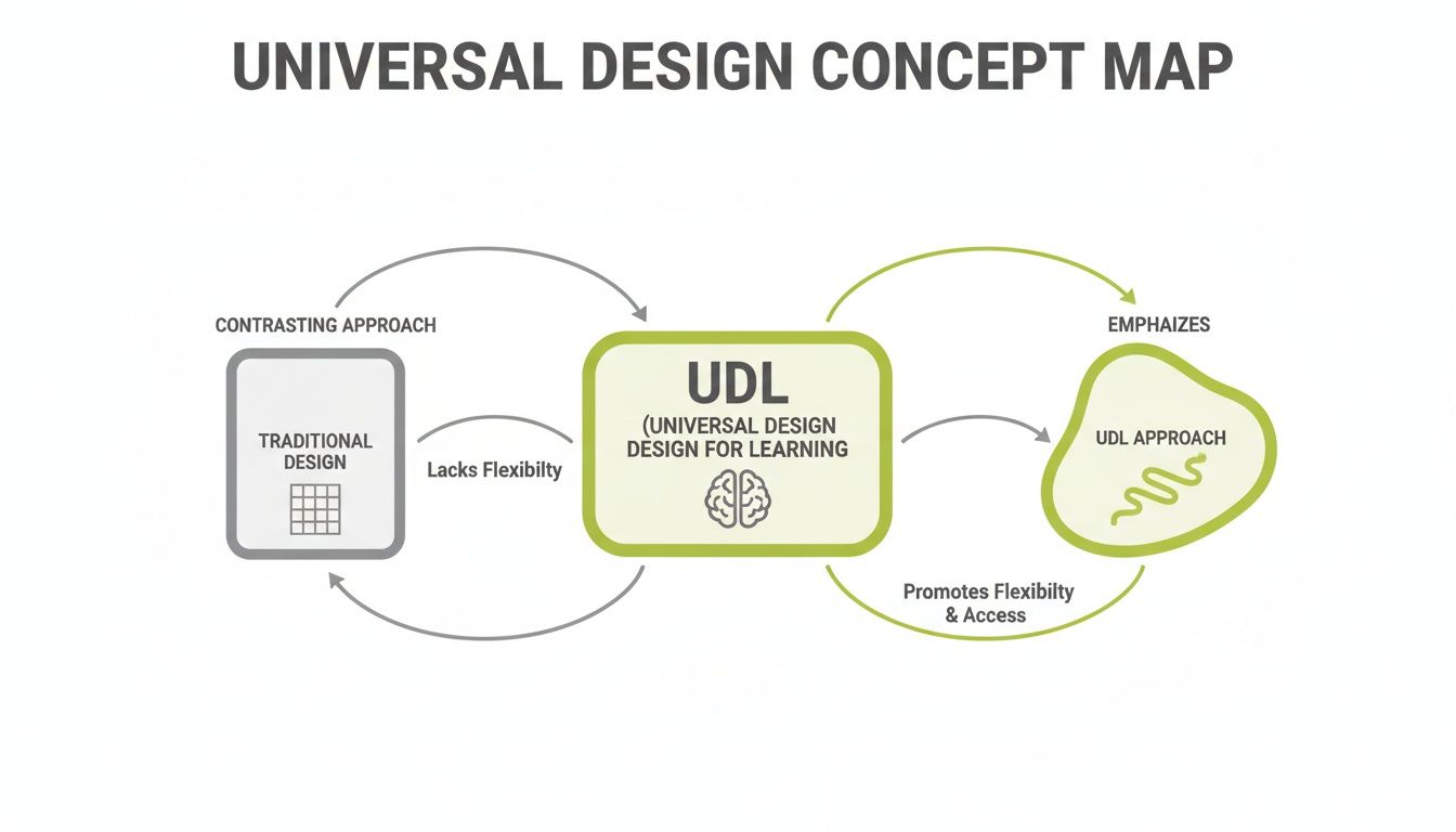 Concept map showing Universal Design for Learning (UDL) contrasting with traditional design's inflexibility.