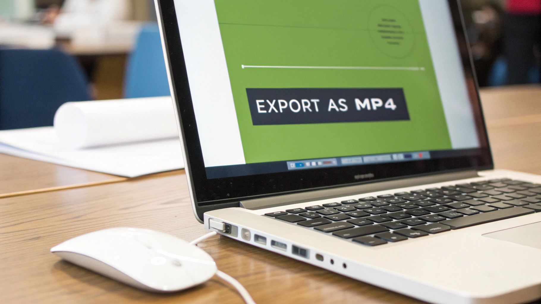 Close-up of a laptop screen showing "EXPORT AS MP4" text, with a white mouse on a wooden table.