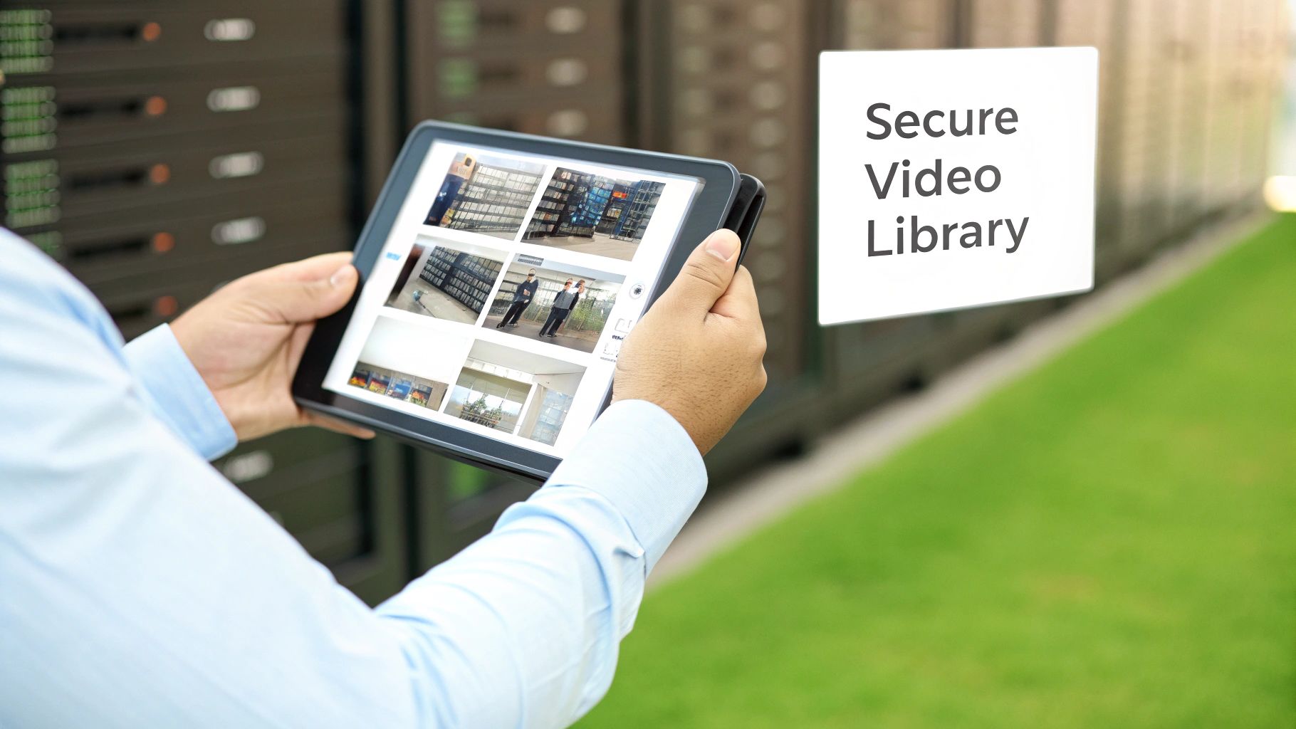 A person holds a tablet displaying a secure video library, with server racks in the background.