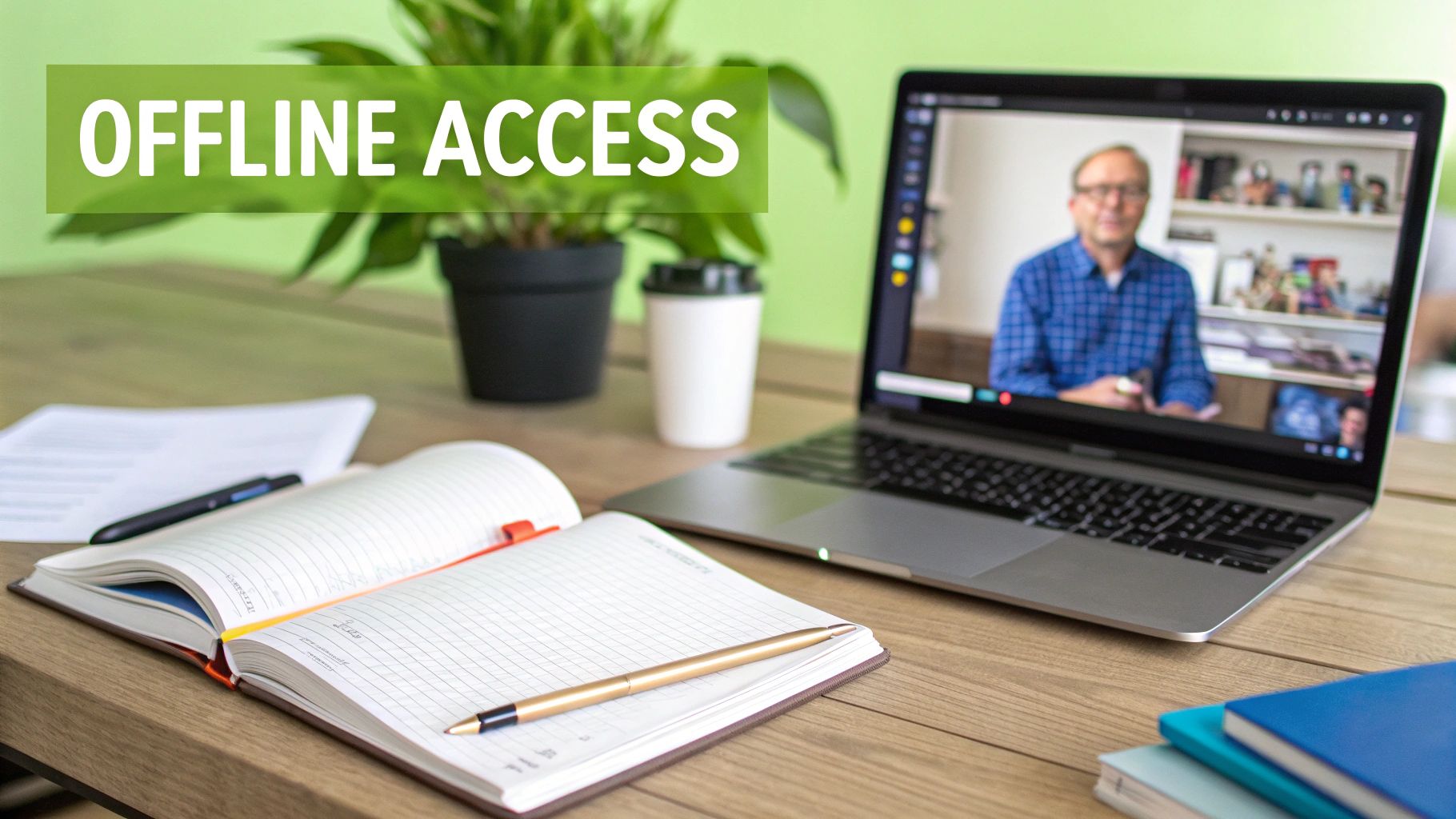 A person works at a desk with a laptop showing a video call, an open notebook, and a 'OFFLINE ACCESS' banner.