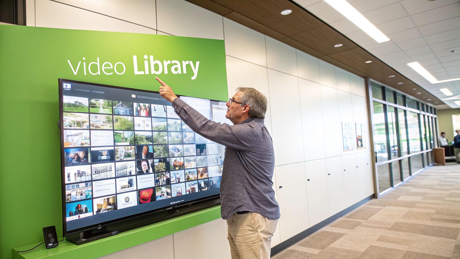 Man in glasses points to a large interactive video library screen on a green wall.