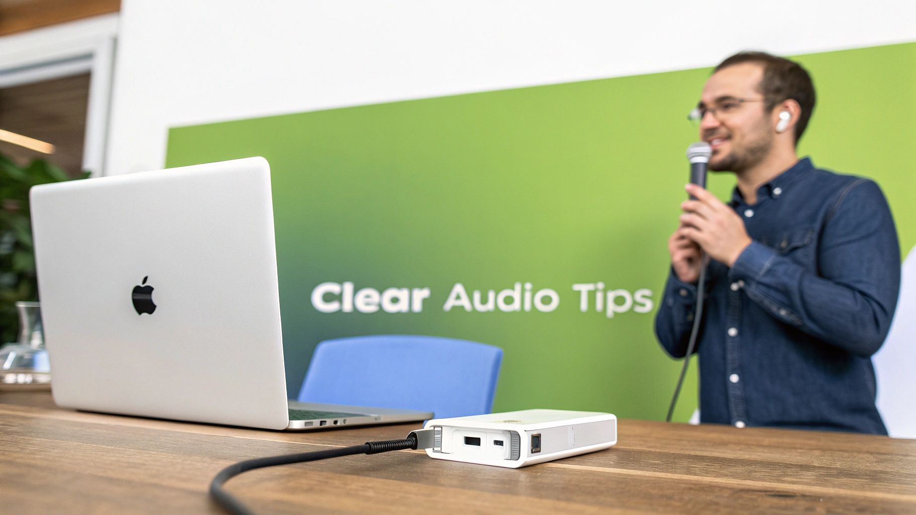 A man records audio with a microphone, laptop, and audio interface, featuring 'Clear Audio Tips' on a green wall.