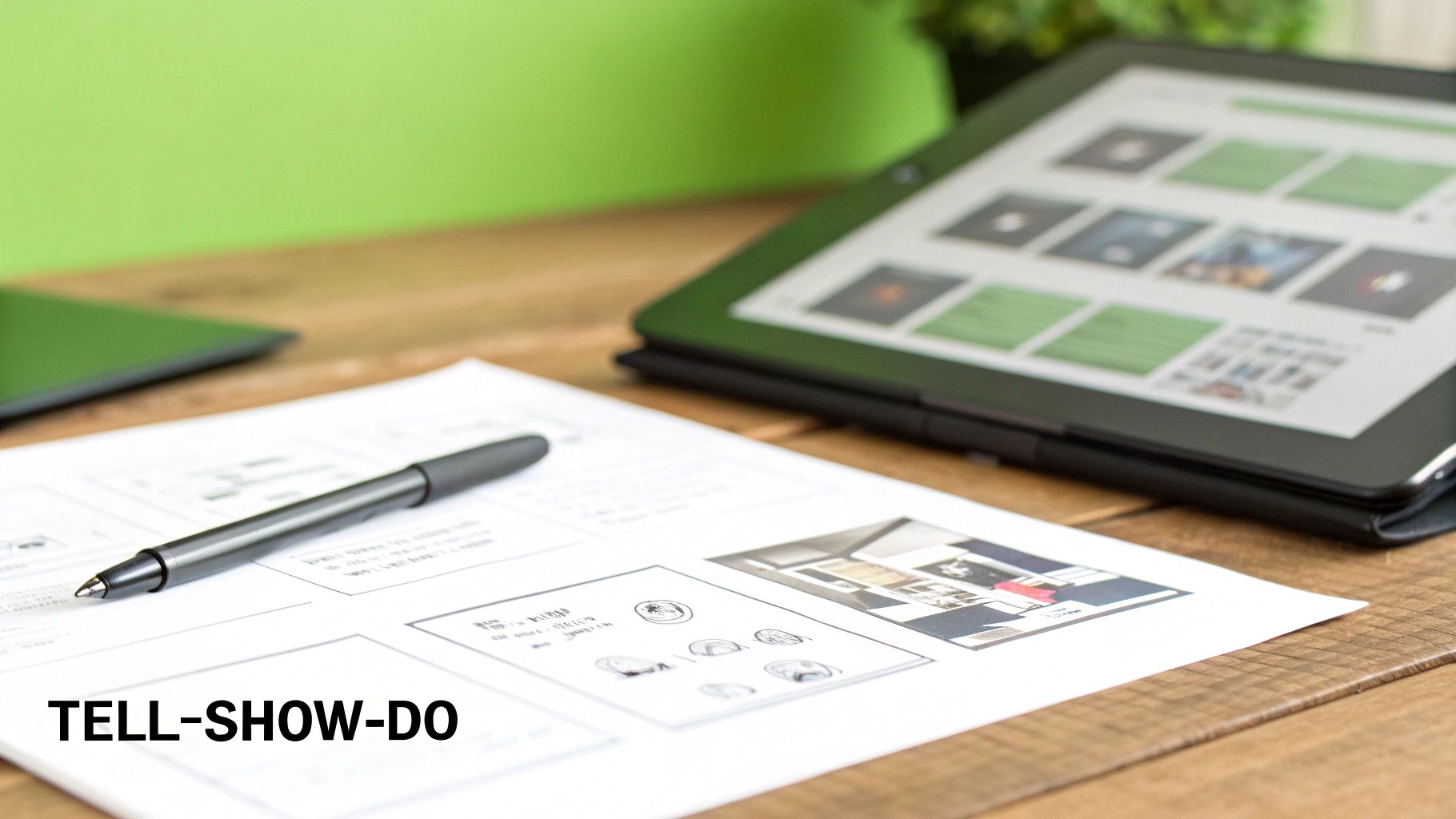 A pen rests on design documents and sketches next to a tablet, suggesting creative planning.