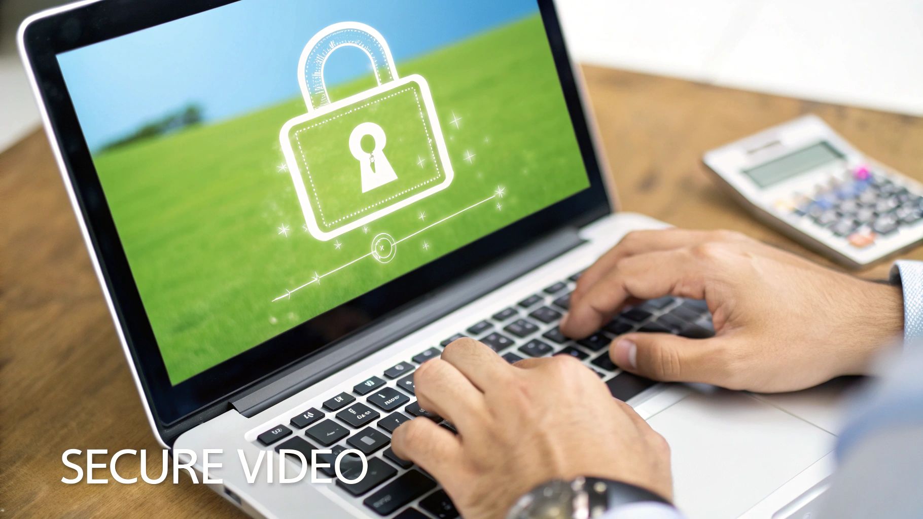 Person's hands typing on a laptop displaying a large padlock security icon on screen, suggesting secure video.
