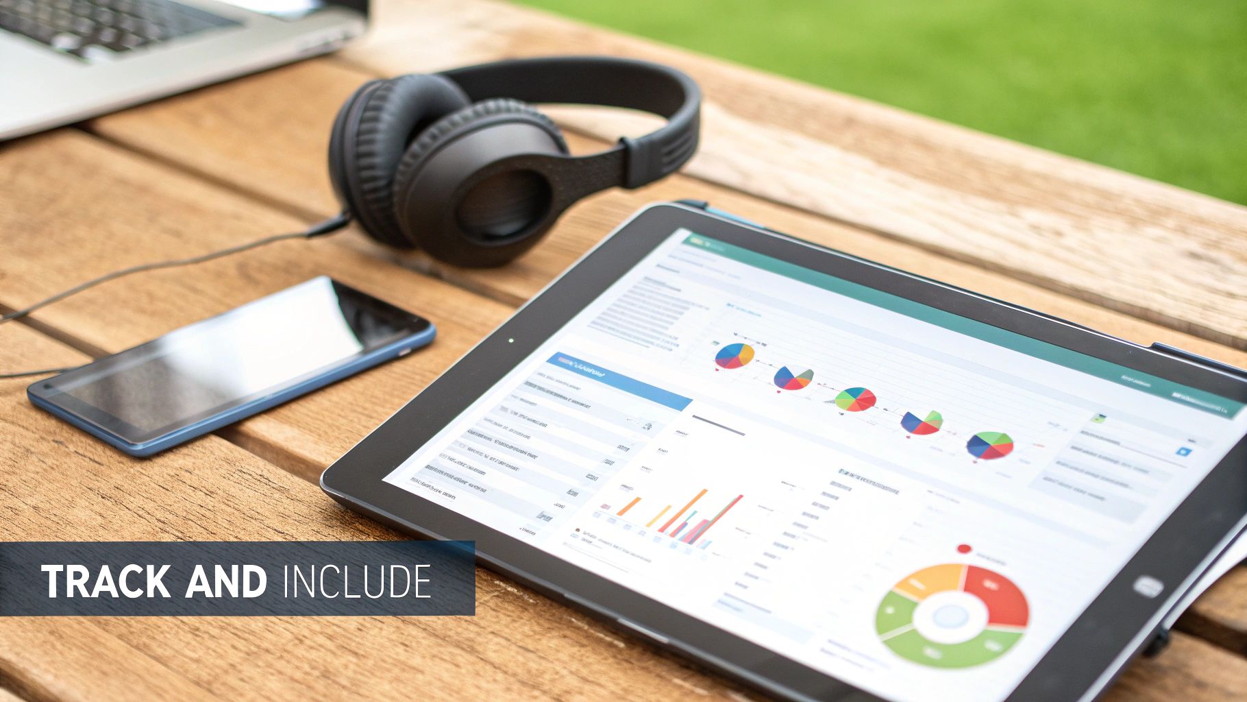 A tablet displaying data analytics charts and graphs, headphones, a smartphone, and a laptop on a wooden outdoor table.