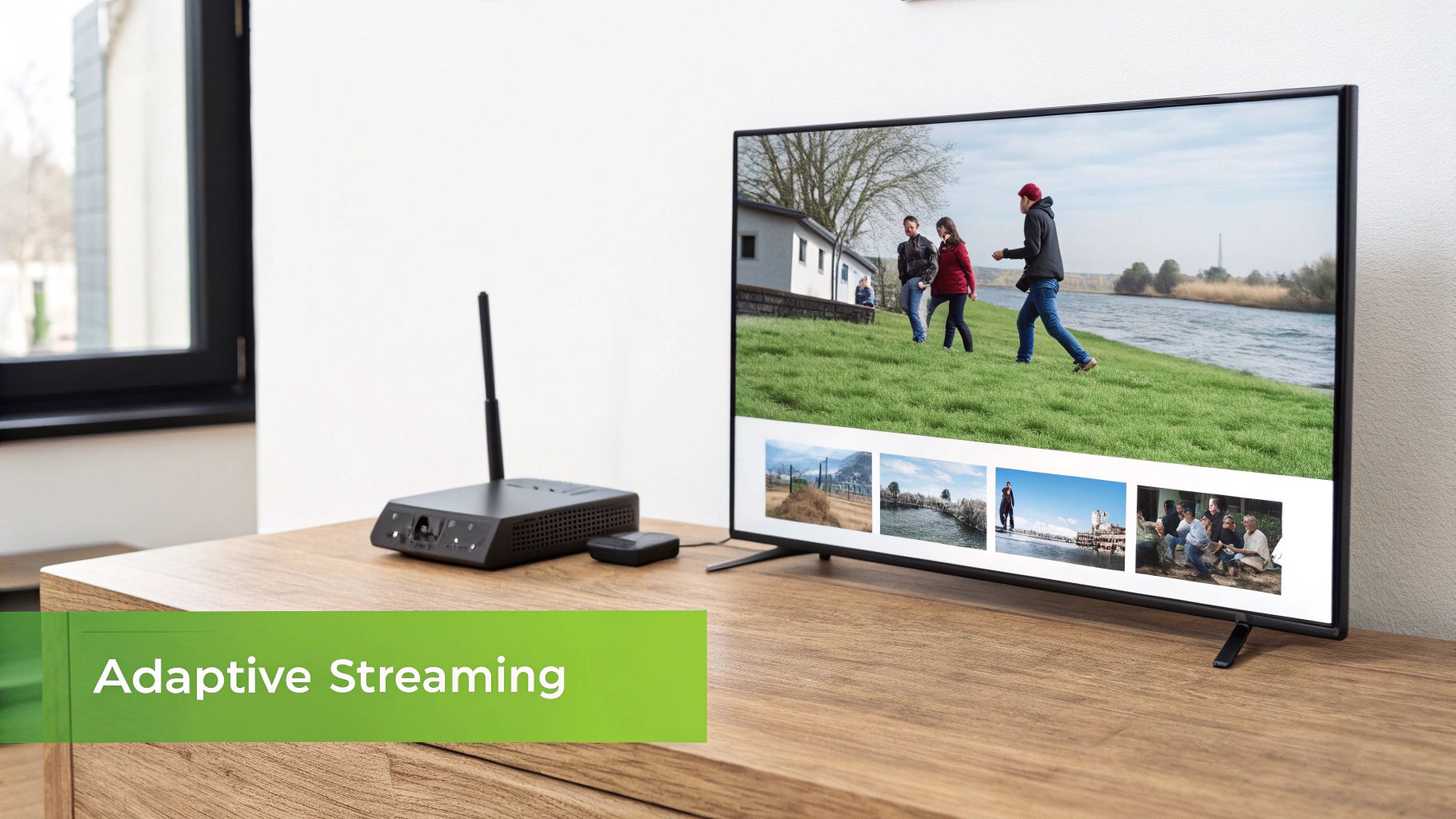 A TV displays streaming content of people outdoors, with a black streaming device and 'Adaptive Streaming' text.