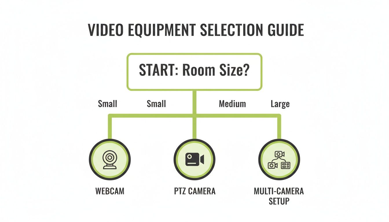 A flowchart guides video equipment selection based on room size: webcam, PTZ camera, or multi-camera setup.
