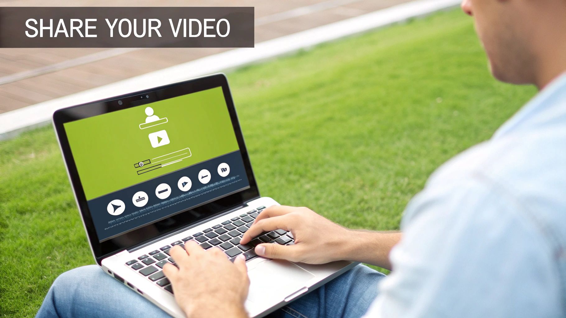 A person sits on green grass, typing on a laptop displaying a video sharing interface.