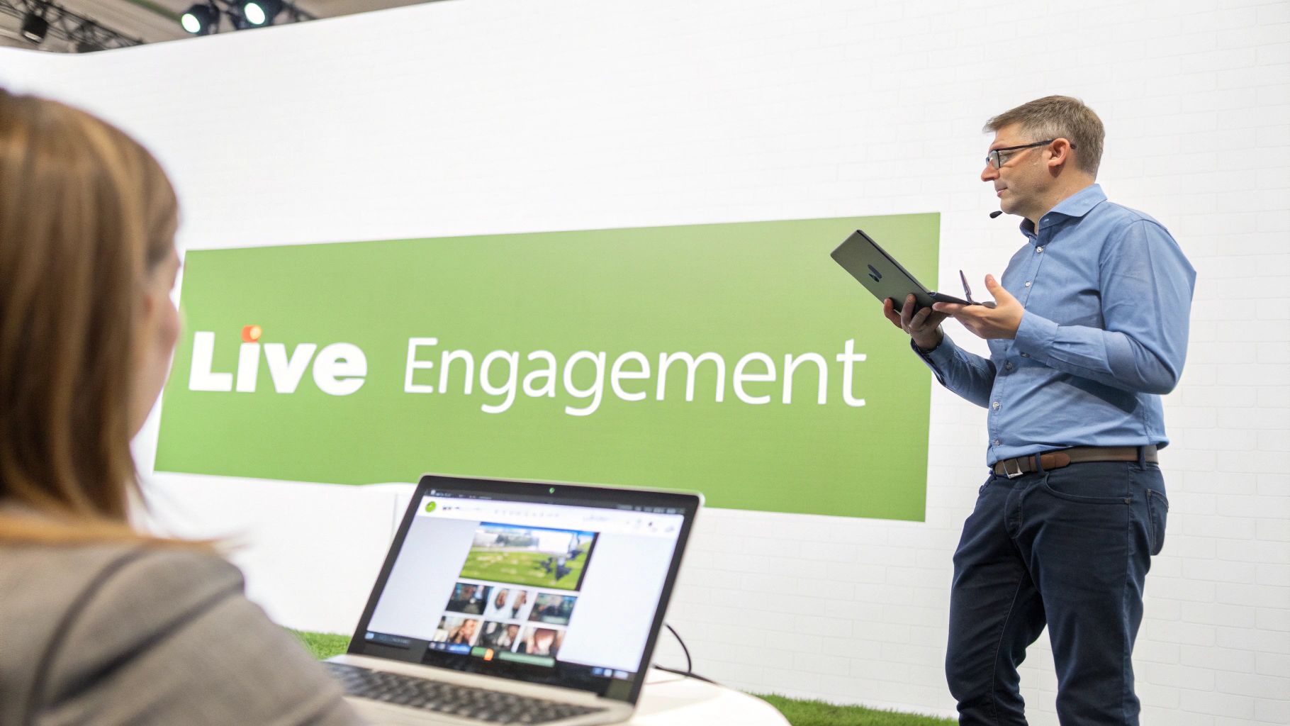 Man presenting 'Live Engagement' at an event while a participant watches on a laptop.