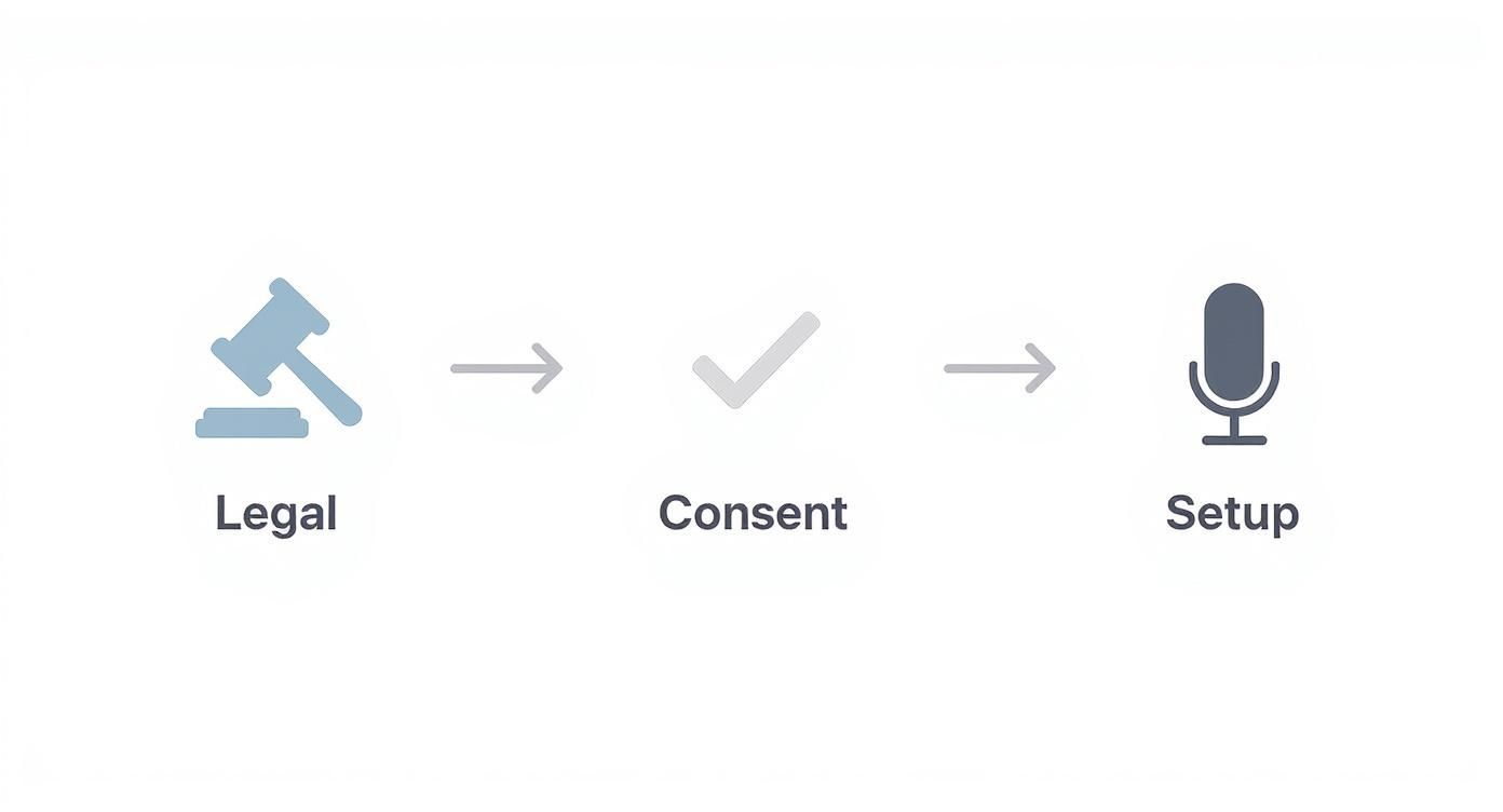 A three-step process diagram with icons: Legal (gavel), Consent (checkmark), and Setup (microphone).