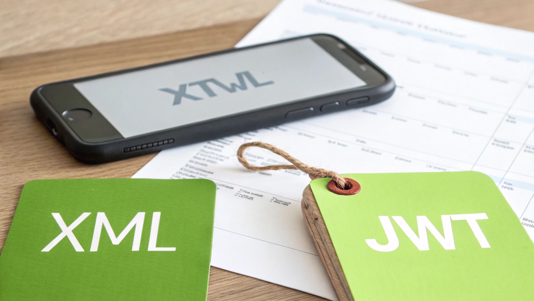 A smartphone displaying 'XTWL' along with green cards labeled 'XML' and 'JWT' on a desk.