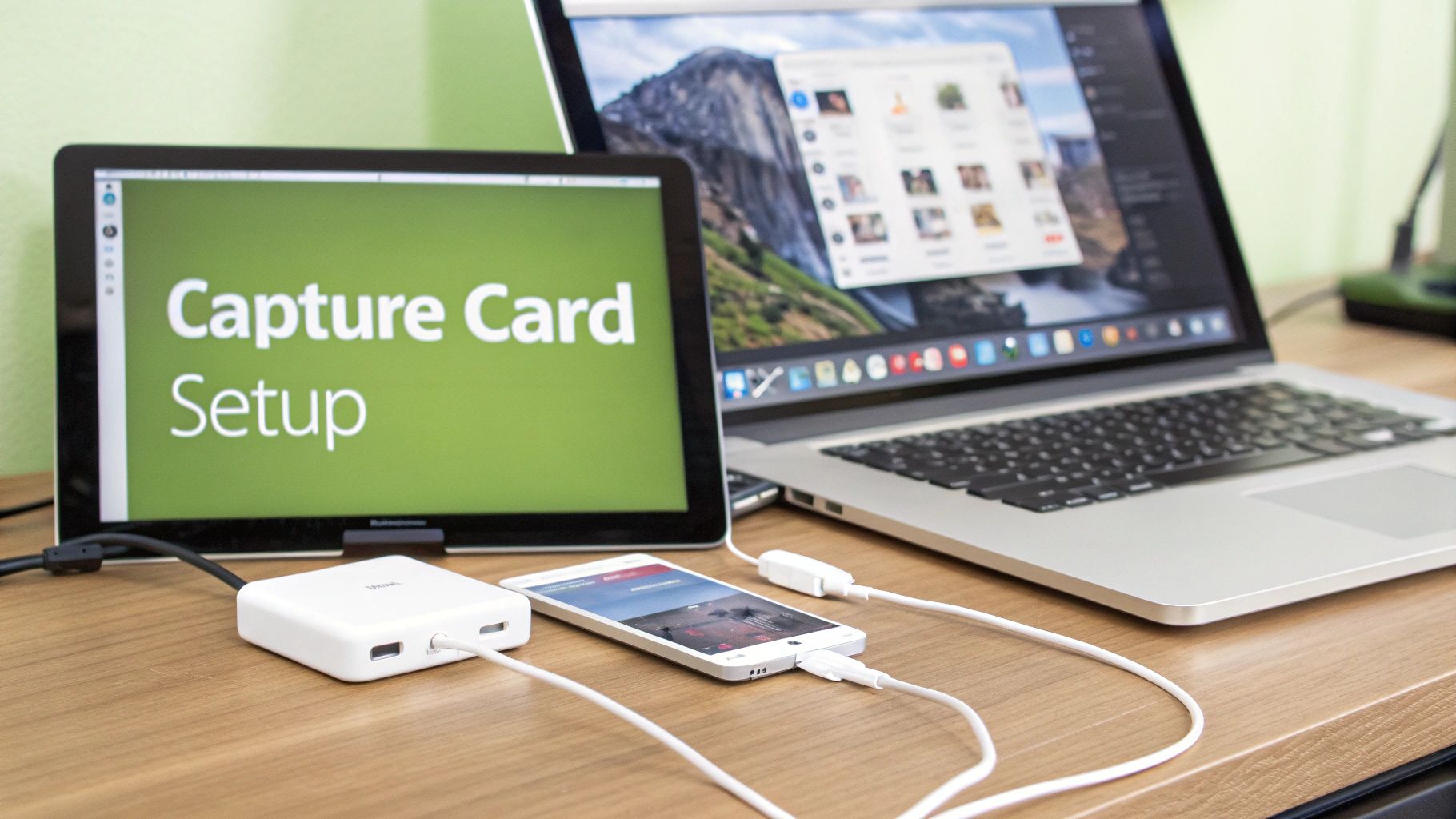 A tablet displaying "Capture Card Setup" next to a laptop, hub, and smartphone on a wooden desk.