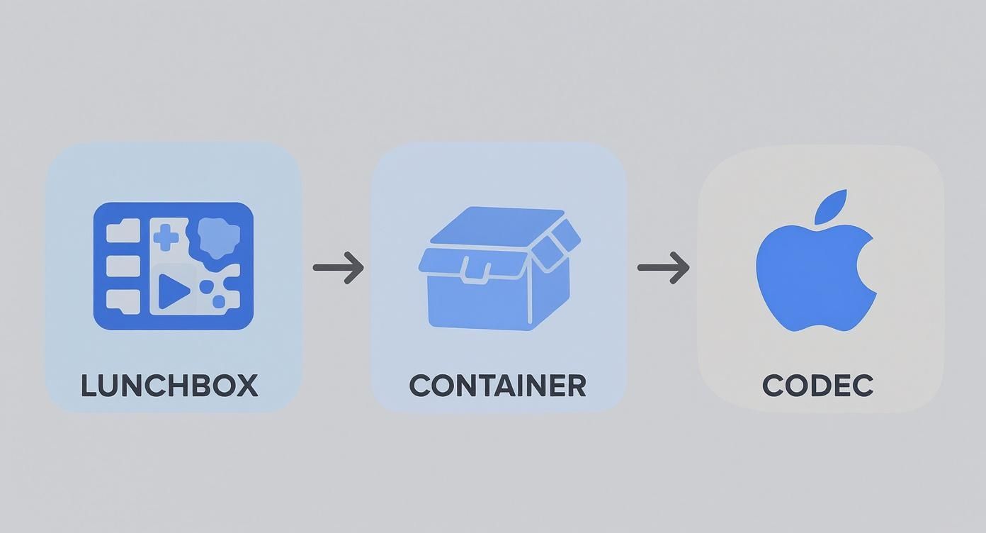 A diagram illustrates a video processing workflow from Lunchbox (media icons) to Container (box icon) then to Codec (Apple logo).