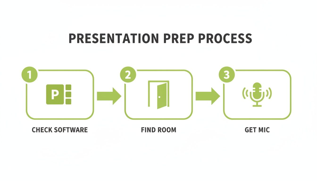 A visual guide illustrating a three-step presentation preparation process: check software, find room, and get microphone.