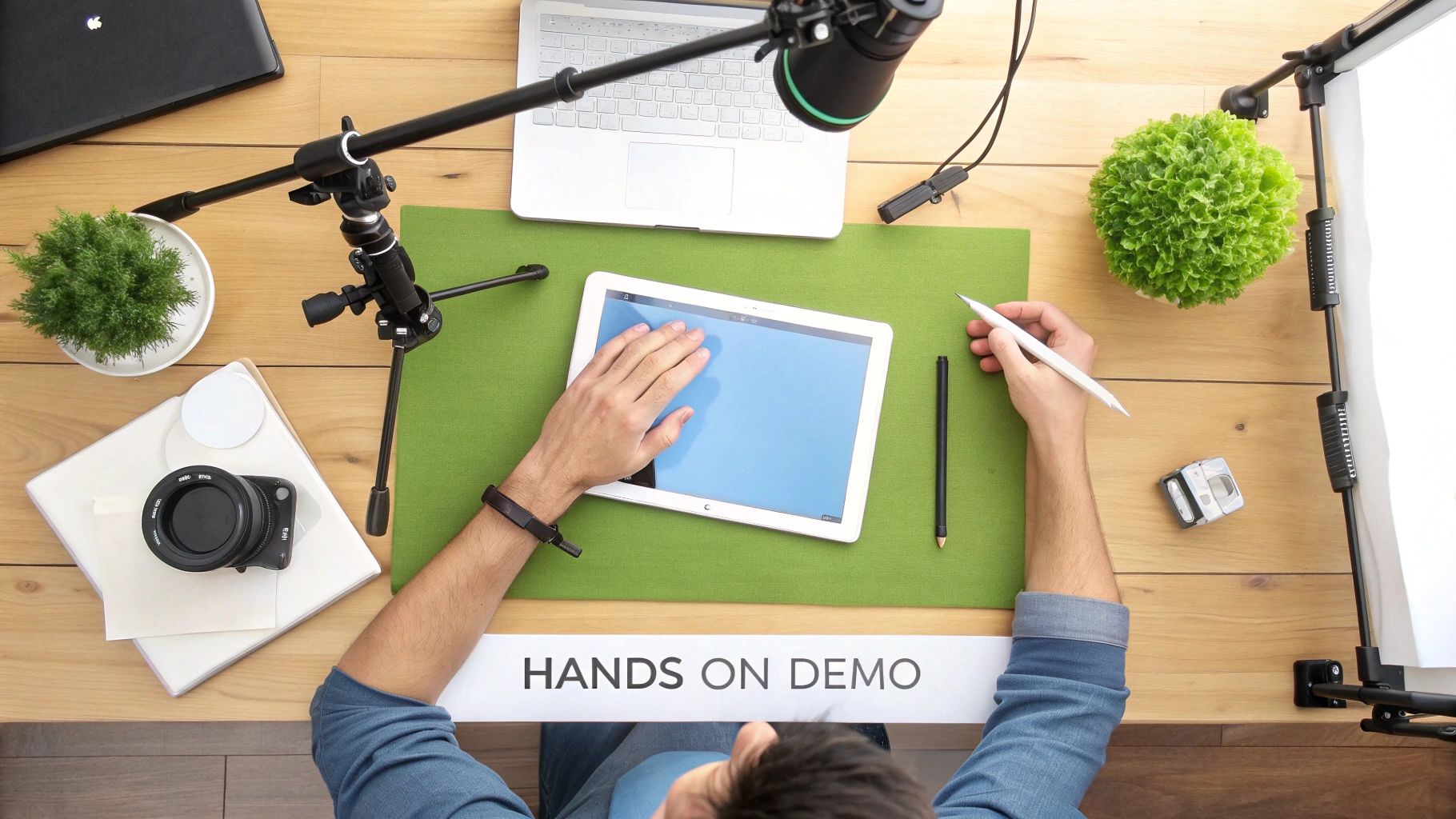 Overhead view of a person using a tablet with a stylus, demonstrating a 'hands-on demo' for a video.
