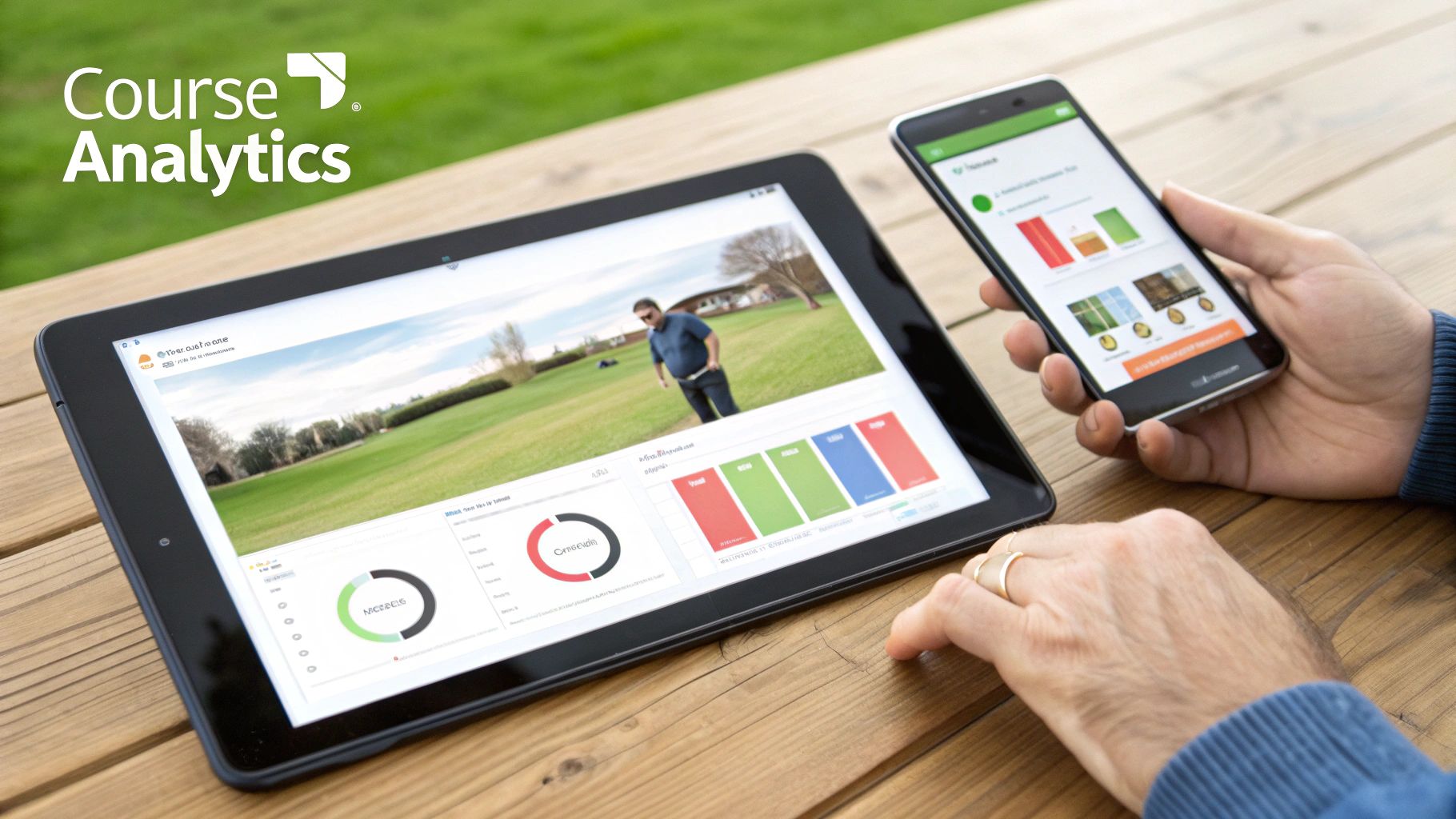 A group of professionals collaborating around a screen displaying LMS features like analytics charts and course modules.