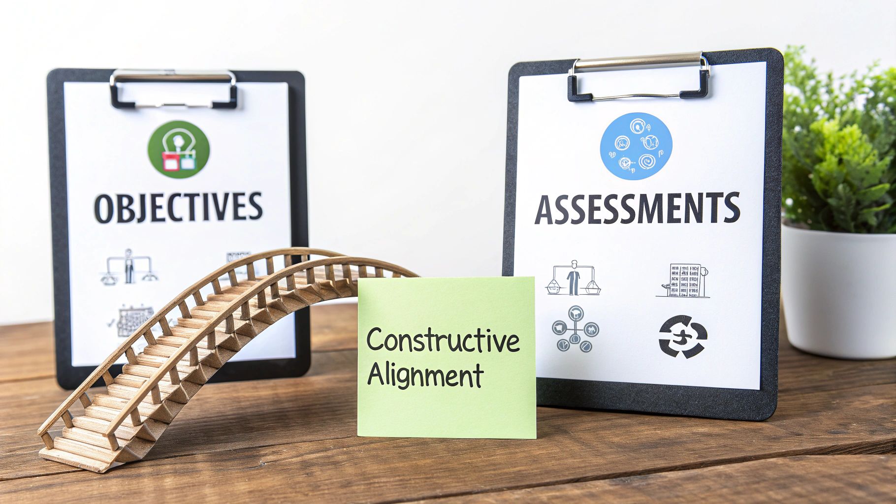 Clipboards labeled 'Objectives' and 'Assessments' are linked by a bridge and a note reading 'Constructive Alignment' on a wooden desk.
