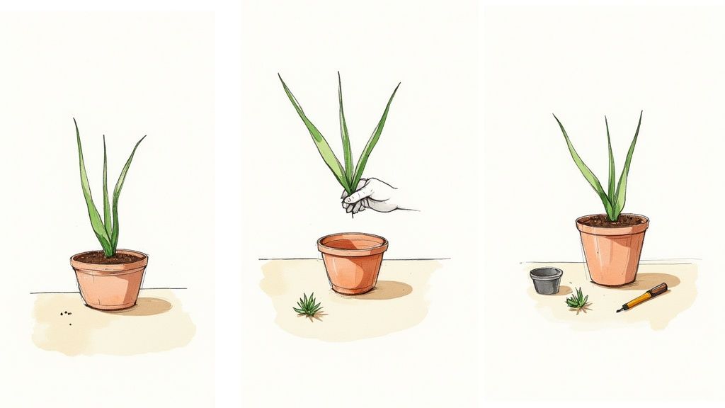 Illustration demonstrates propagating an aloe vera plant: removing pups and replanting them in pots.