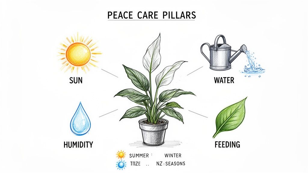 Infographic showing the four essential peace lily care pillars: sun, water, humidity, and feeding.
