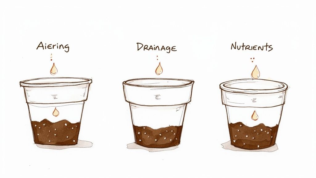 A person's hands potting a small green plant into a white ceramic pot with fresh soil.