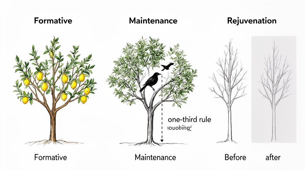 Diagram illustrating formative, maintenance, and rejuvenation stages of tree pruning, featuring a lemon tree and general tree care.