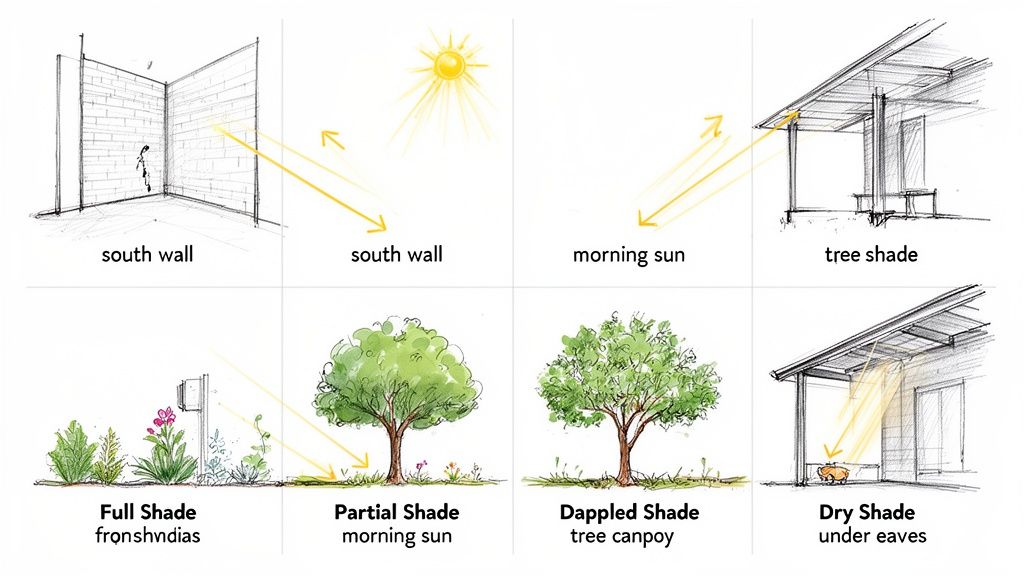 Eight illustrations demonstrating different types of natural shade and sun exposure in outdoor environments.