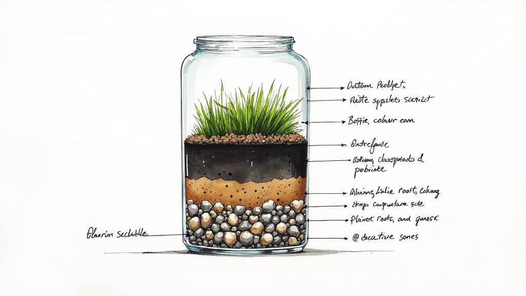 Layered terrarium diagram showing decorative stones, drainage, soil, and grass in glass jar with labels