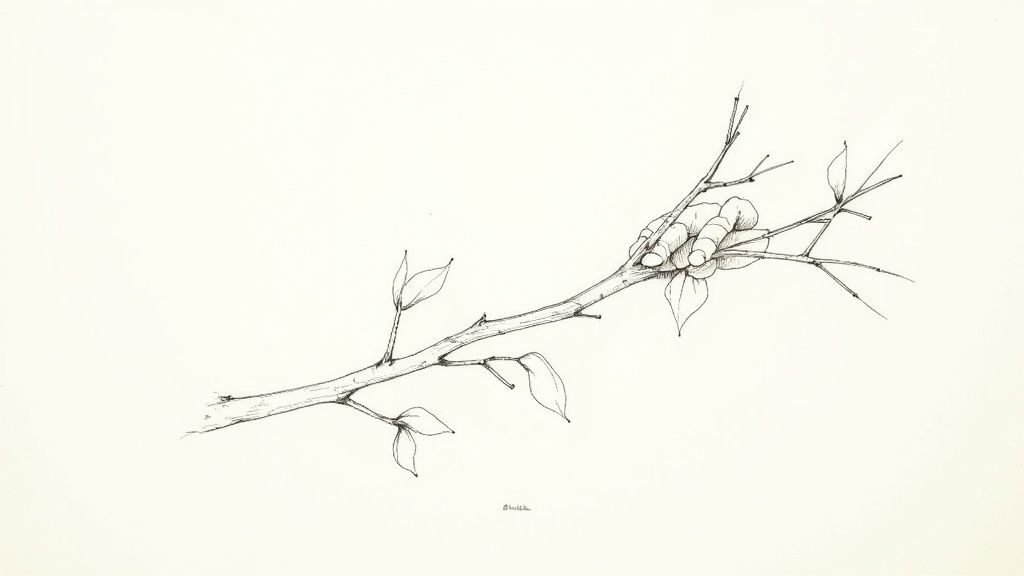 A gardener carefully trimming feijoa tree branches to shape it.