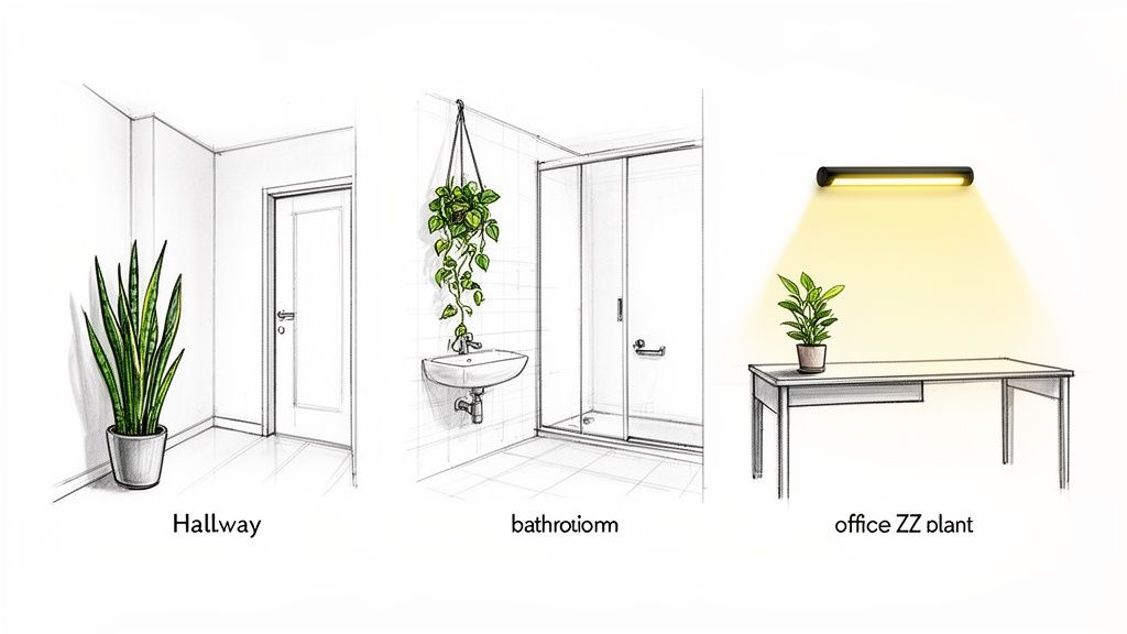 Sketches of low-light houseplants: snake plant in hallway, pothos in bathroom, ZZ plant in office.