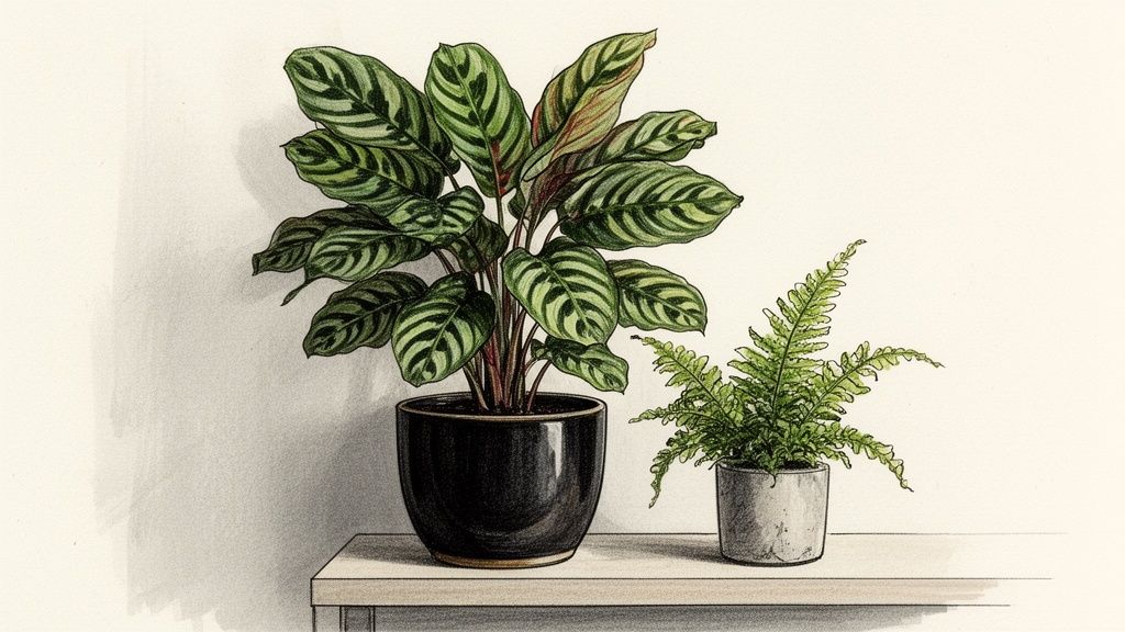 An illustration of a large striped calathea plant and a small fern plant on a shelf.