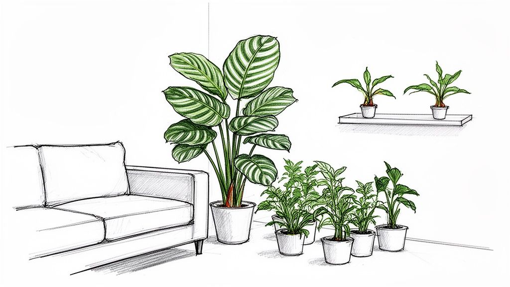 A sketch of an indoor plant collection featuring a large striped leaf Calathea Orbifolia next to a sofa.
