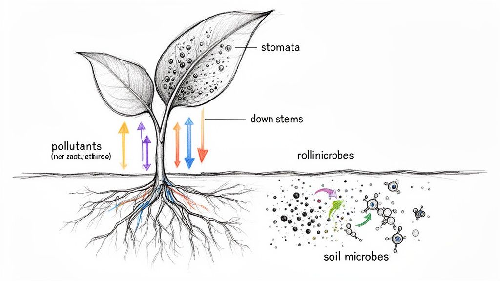 Diagram of a plant illustrating its interaction with airborne pollutants and soil microbes through roots and stomata.