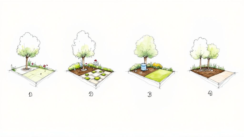 A person marking out a garden bed on a prepared patch of soil.