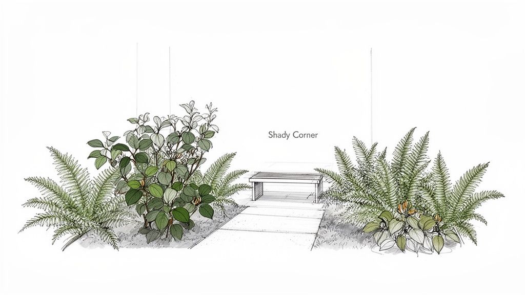 A hand-drawn sketch of a 'Shady Corner' garden featuring lush ferns, green shrubs, a path, and a wooden bench.