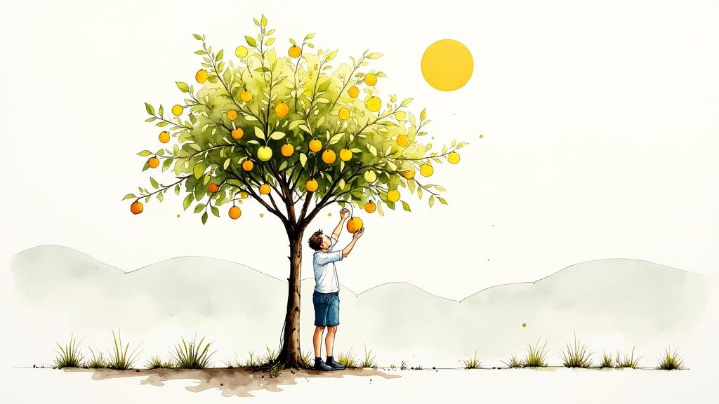 A person's hands holding a basket full of freshly picked ripe figs.