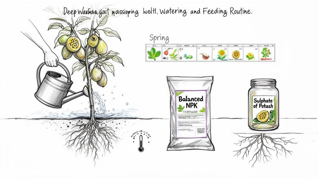 Detailed illustration showing passionfruit plant watering, feeding routine with NPK fertilizer, and seasonal growth stages.