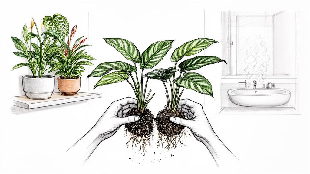 Sketch of hands holding two Calathea plants with roots, potted plants on a shelf, and a bathroom.
