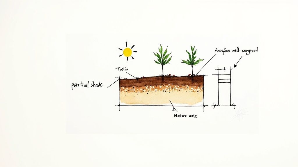 Detailed diagram illustrating soil layers for planting, featuring plants, partial shade, compost, and water.