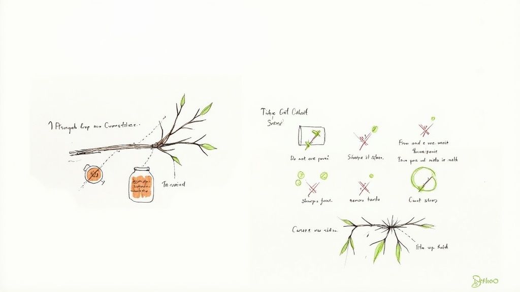 Detailed sketches illustrating various plant pruning techniques and tips for gardeners on a white background.
