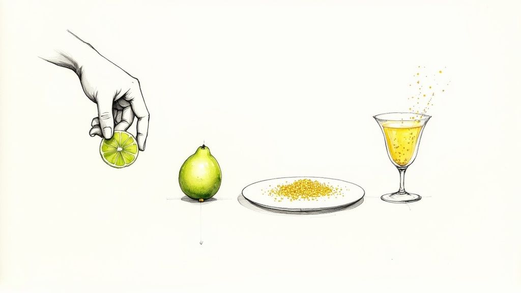 Hand squeezing lime slice with whole lime, plate of citrus caviar, and yellow cocktail glass