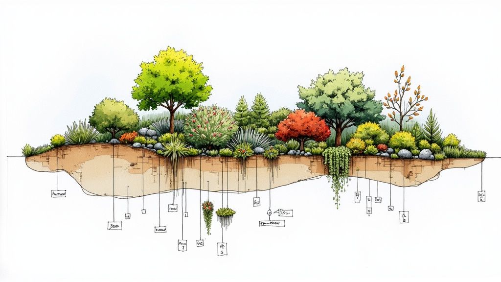 A beautiful New Zealand garden showcasing layered planting with a mix of shrubs, perennials, and groundcovers.