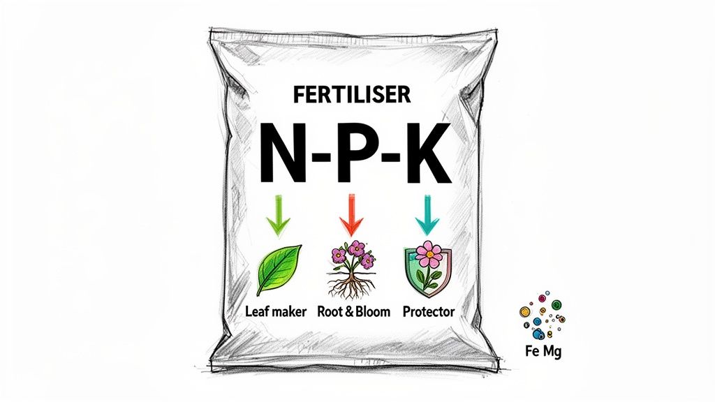 A sketch of an NPK fertilizer bag showing benefits for leaf growth, roots, bloom, and protection, plus micronutrients.