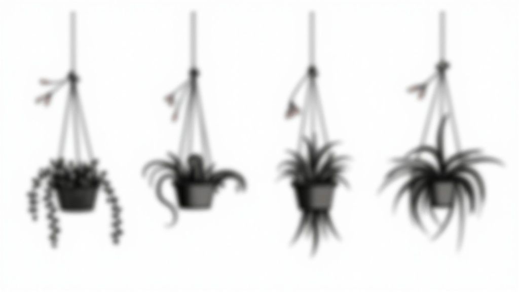 Four different hanging indoor plants in pots suspended by ropes against white background