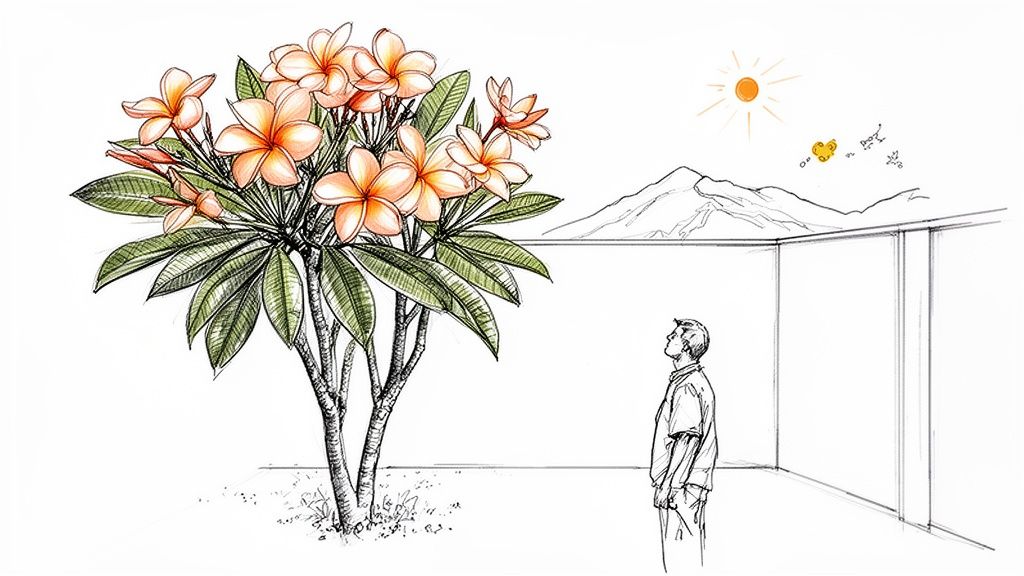 A man gazes at a beautiful frangipani tree with orange flowers under a sunny sky and mountains.