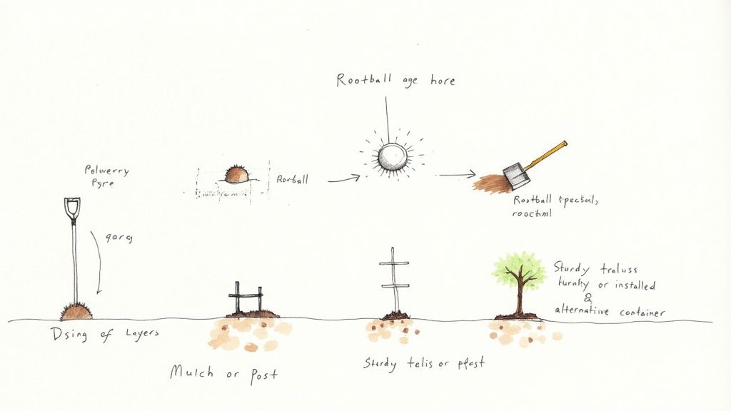 Hand-drawn illustrations demonstrating gardening techniques like rootball preparation, layering, mulching, and plant support structures.