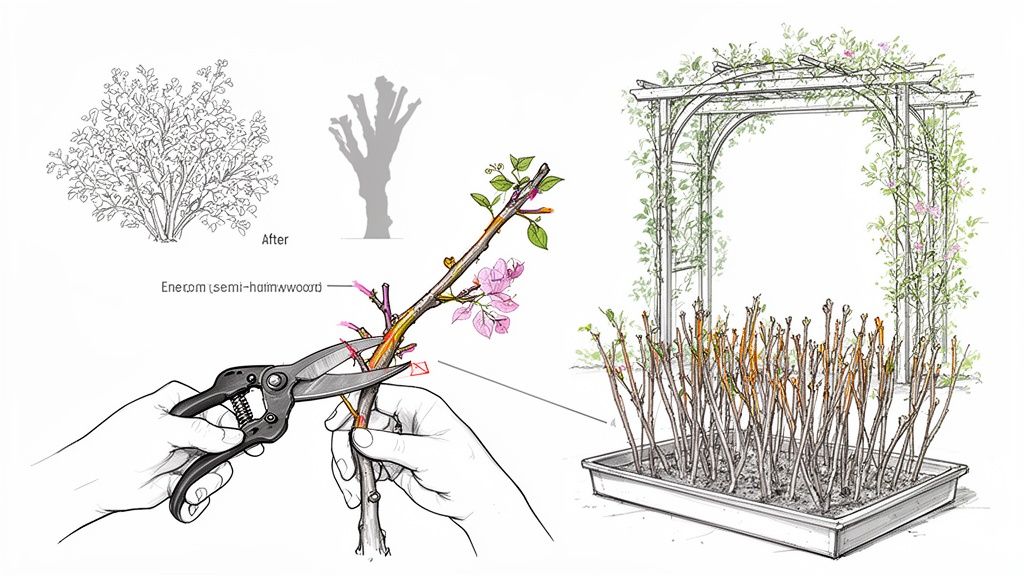 Diagram illustrating semi-hardwood cutting propagation, showing a branch being cut and cuttings planted in a tray.