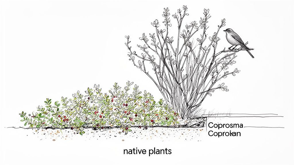 An illustration of native New Zealand plants, featuring a Coprosma shrub, groundcover, and a small bird.