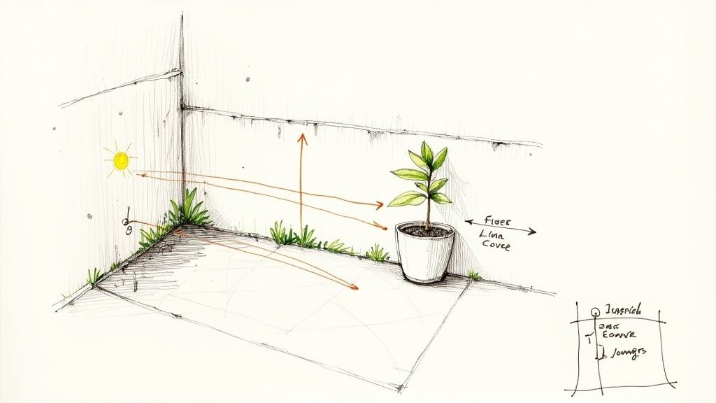Architectural sketch showing sunlight diagram for potted finger lime tree placement in garden corner