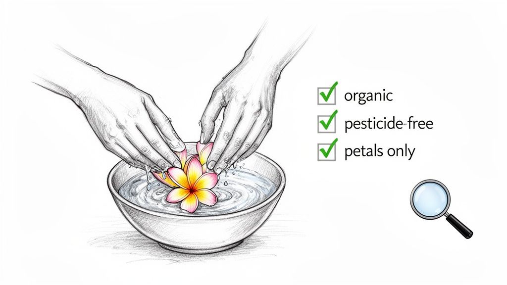 Hands gently wash a frangipani flower in a bowl of water, next to a checklist for organic, pesticide-free petals.